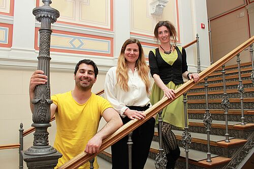 v.l.: Ferhat Türkoğlu, Dana Kathrin Dohr und Carolin Hannert treten 2022 für die Universität Rostock bei „Rostock’s Eleven“ an (Foto: Christiane Zenkert/Universität Rostock). 