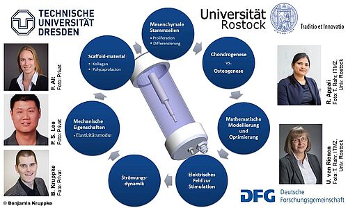 Übersichtsgrafik über die ineinandergreifenden, interdisziplinären Forschungsthemen des DFG-Projektes mit Fotos der beteiligten Forscherinnen und Forscher (Grafik: Benjamin Kruppke)